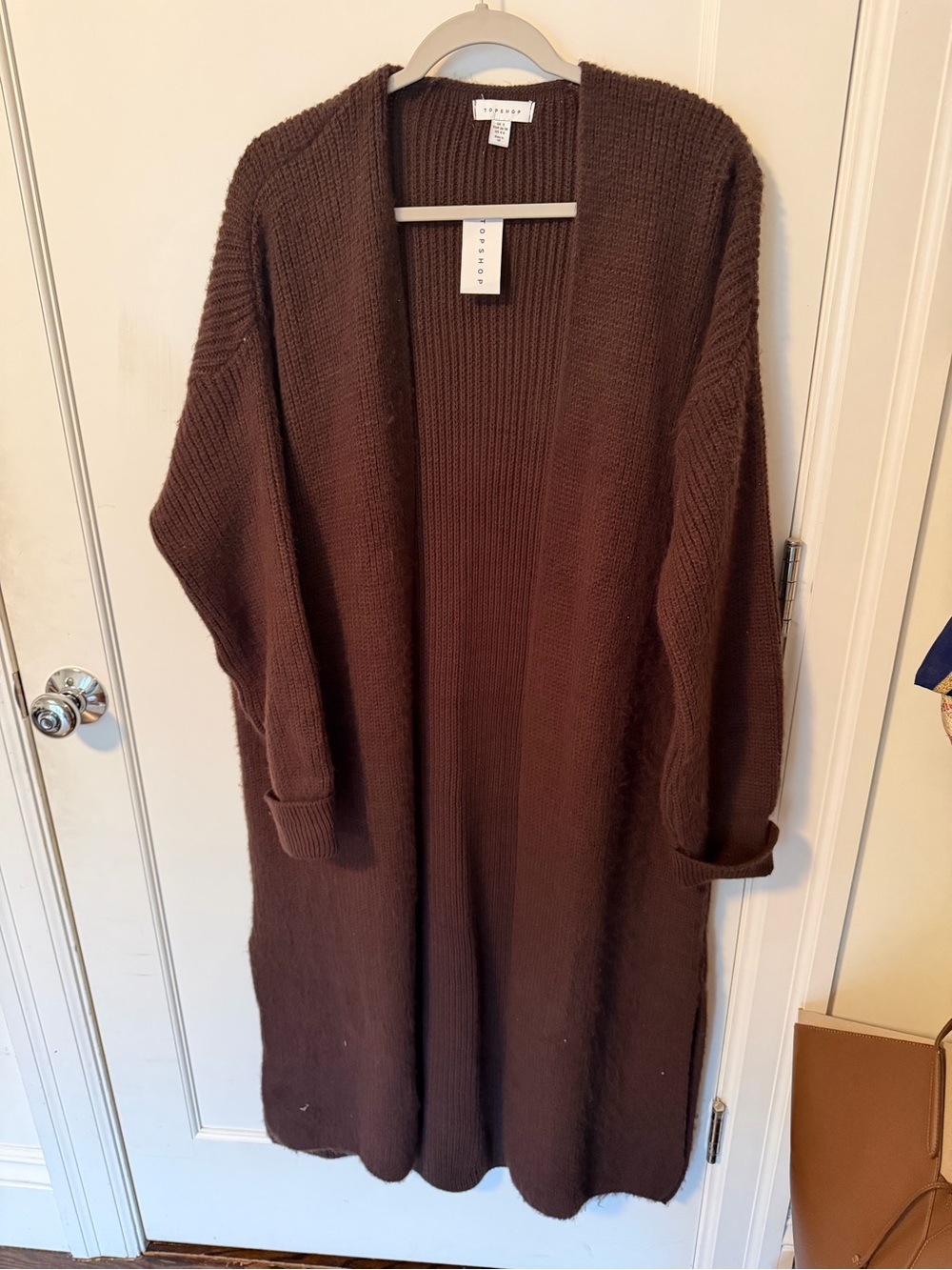 Topshop Long Open-Front Women’s Cardigan Sweater in Chocolate